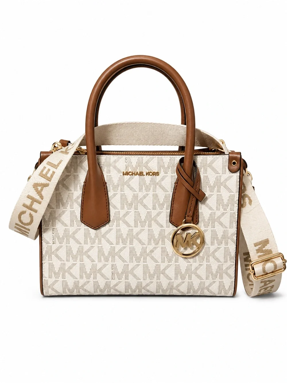 Michael Kors Cream Logo Canvas Satchel with Brown Trim